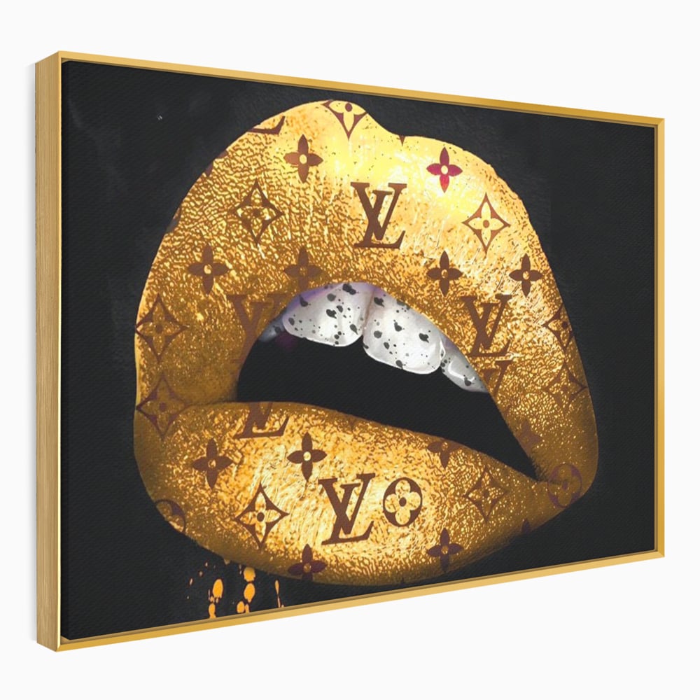 Tablou canvas cu tablou canvas cu buze aurii si model louis vuitton, in rama de aluminiu auriu